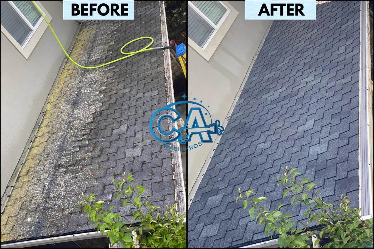Roof soft wash for shingle roof completed by CA Wash Pros in San Jose, CA.