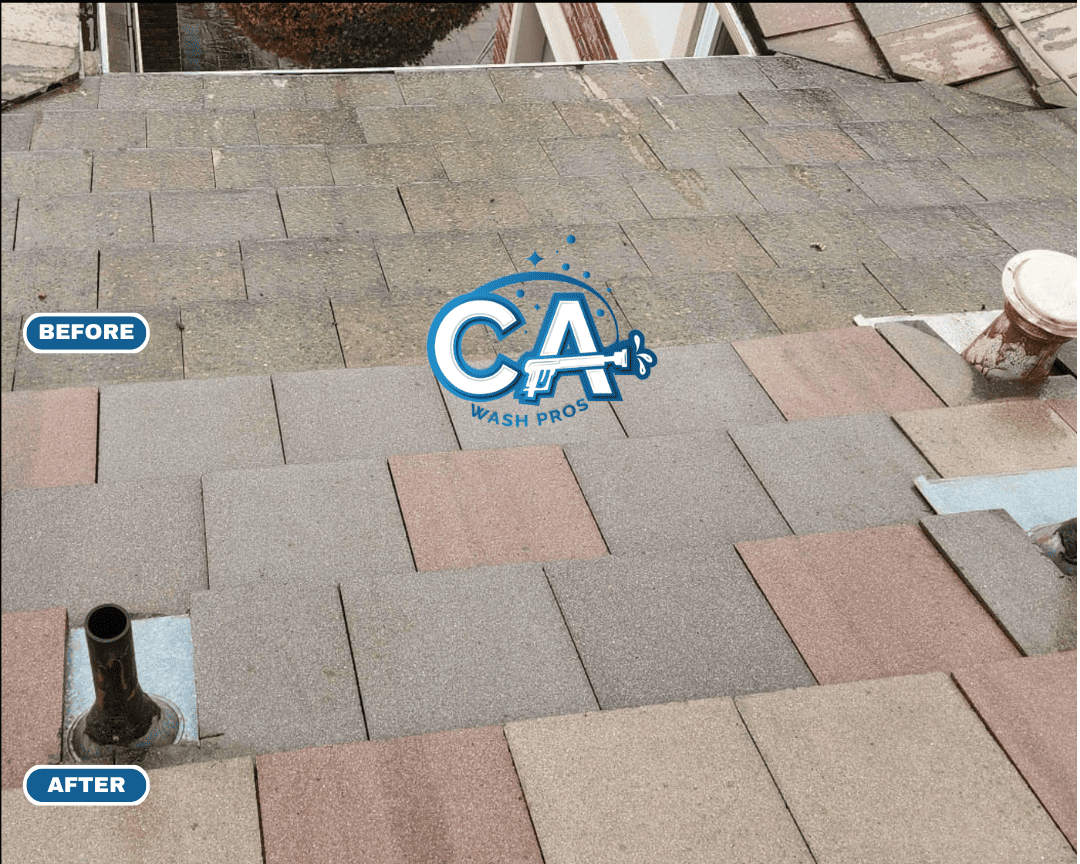 A residential roof in Morgan Hill before and after a thorough cleaning.