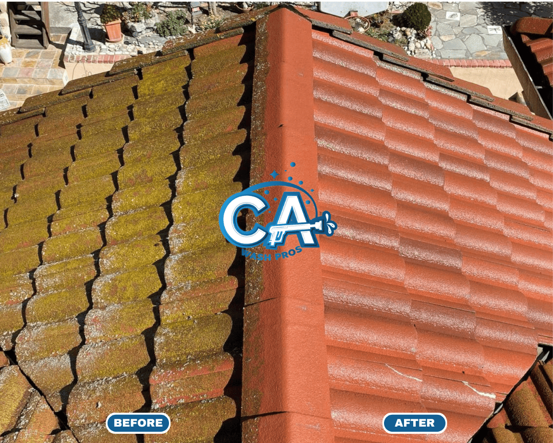 A top view of a home in Morgan Hill, showing a clear before and after comparison of a cleaned and uncleaned roof section.