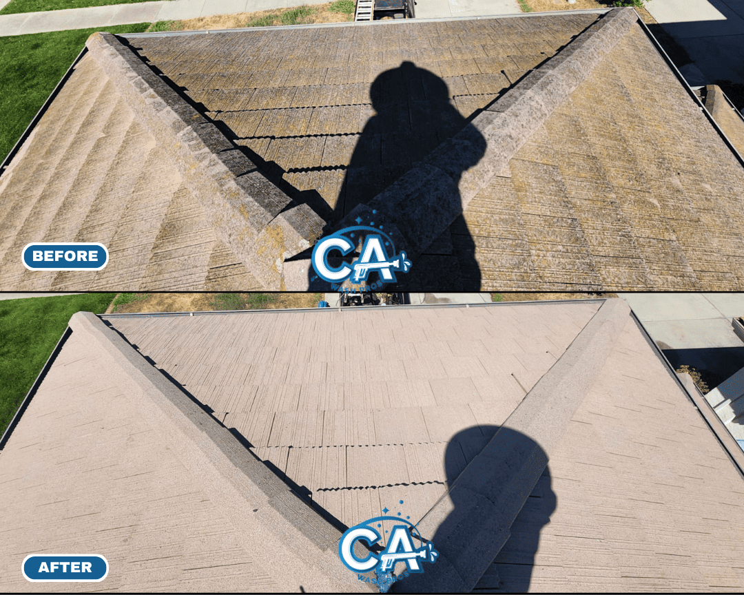 A top view of a home in Morgan Hill, showing a clear before and after comparison of a cleaned and uncleaned roof section.