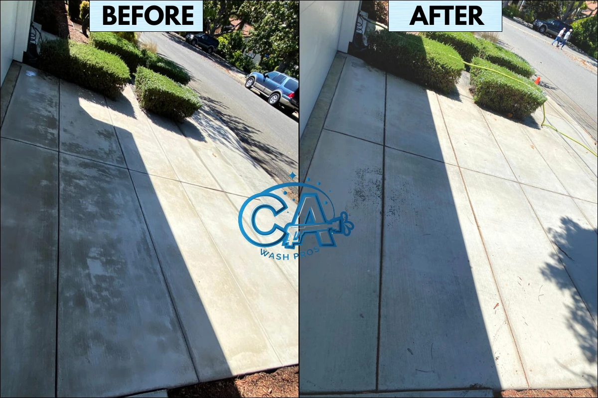 Results of expert driveway pressure washing completed by CA Wash Pros in a residential home in San Jose, CA.