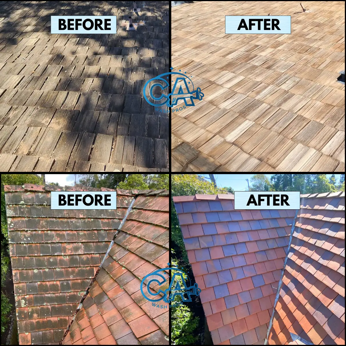 Collage of before and after results of roof cleaning service by CA Wash Pros on wood shake and tile roofs.