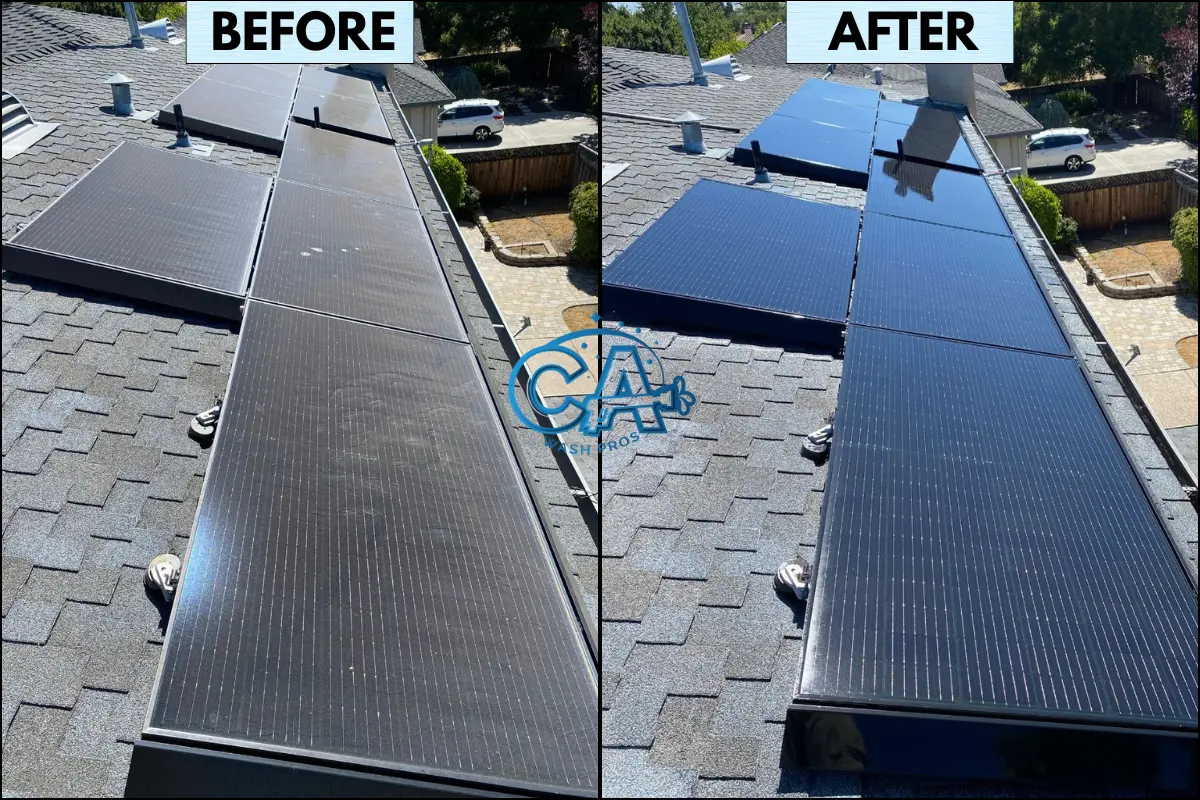 Before and after results of CA Wash Pros professional solar panel cleaning service in San Jose, CA.