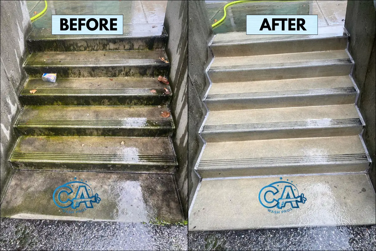 Before and after results of pressure washing stairs in Fremont, CA to remove moss and algae.